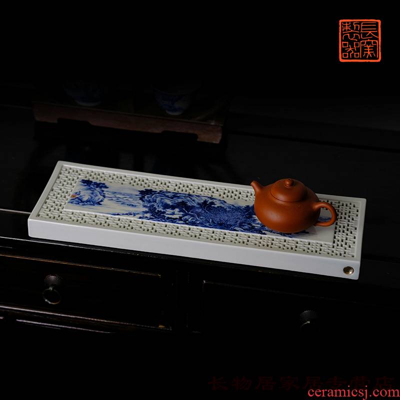 Long up offered home - cooked wen - bo xiong the teacher in blue and white landscape planning staff and friends hand hollow - out dry mercifully set of jingdezhen tea service