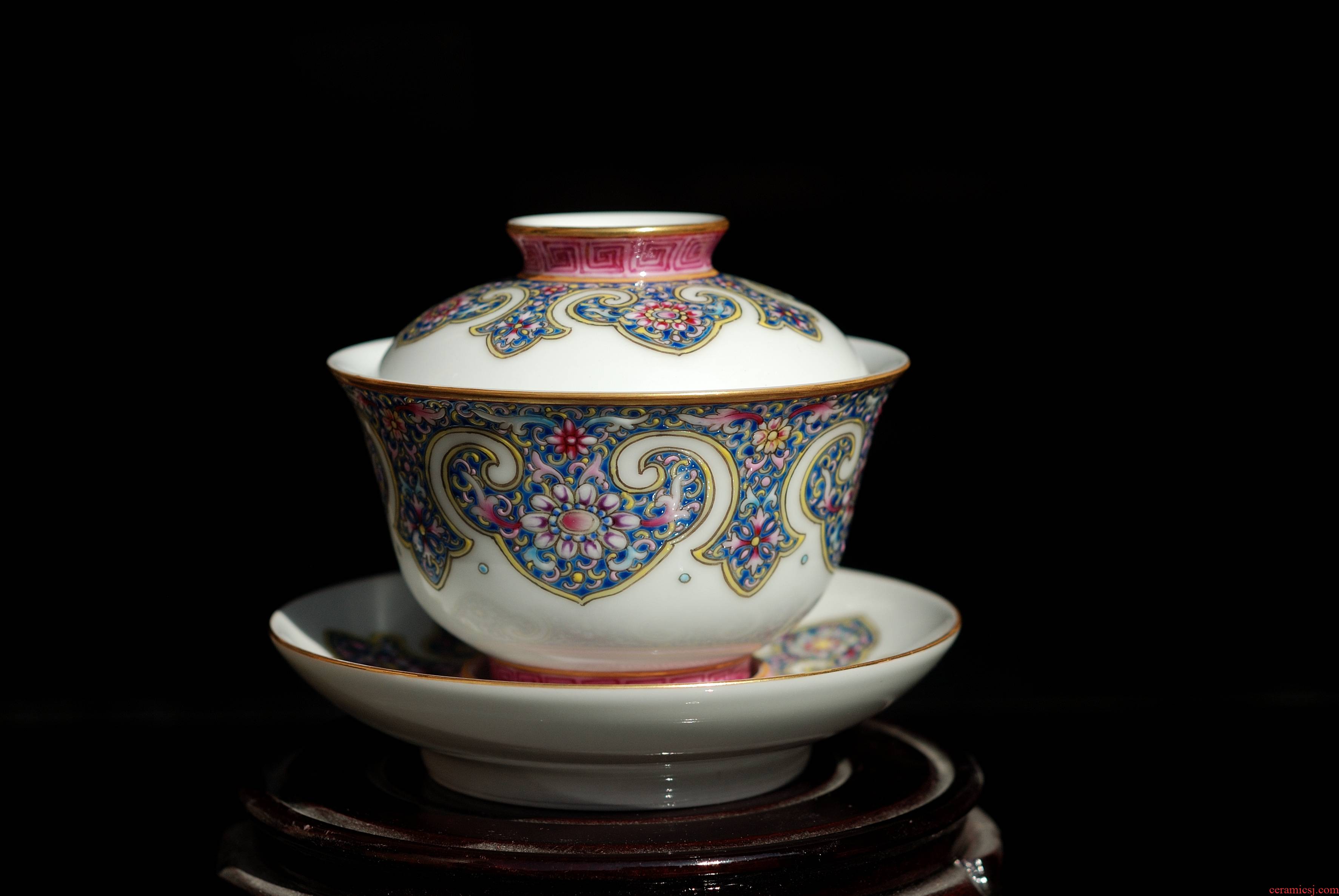 Submerged wood hand - made of high - grade flowers tureen pastel colored enamel treasure phase jingdezhen all checking ceramic tea set bowl is kung fu