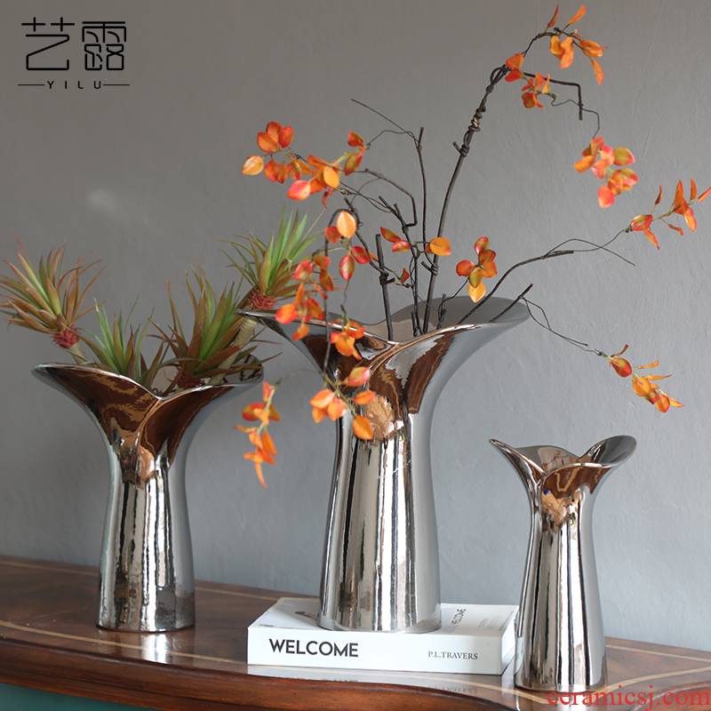 Modern household adornment light key-2 luxury silver ceramic vases, flower arrangement sitting room place between example table tail flowers