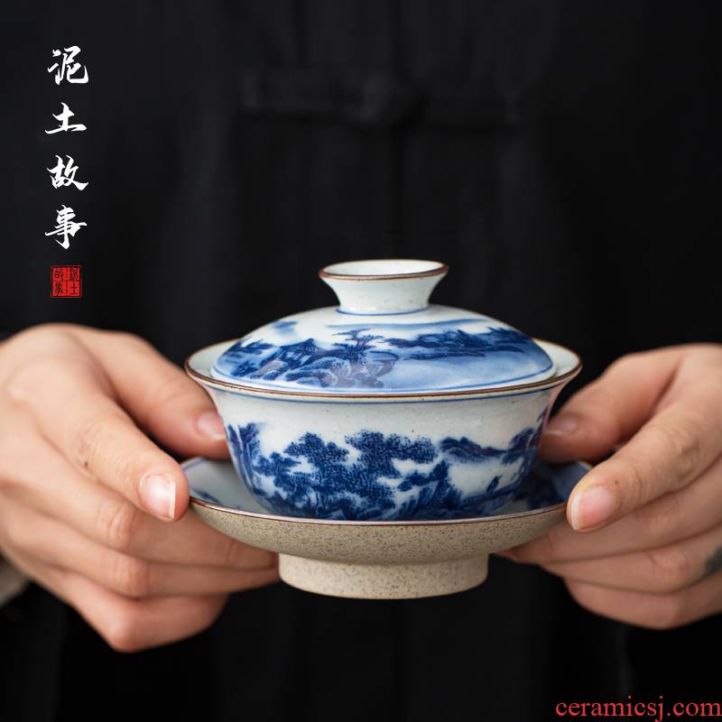 Hand tureen jingdezhen ceramic cups only three bowls of kung fu tea tureen of blue and white porcelain three cups of tea tureen