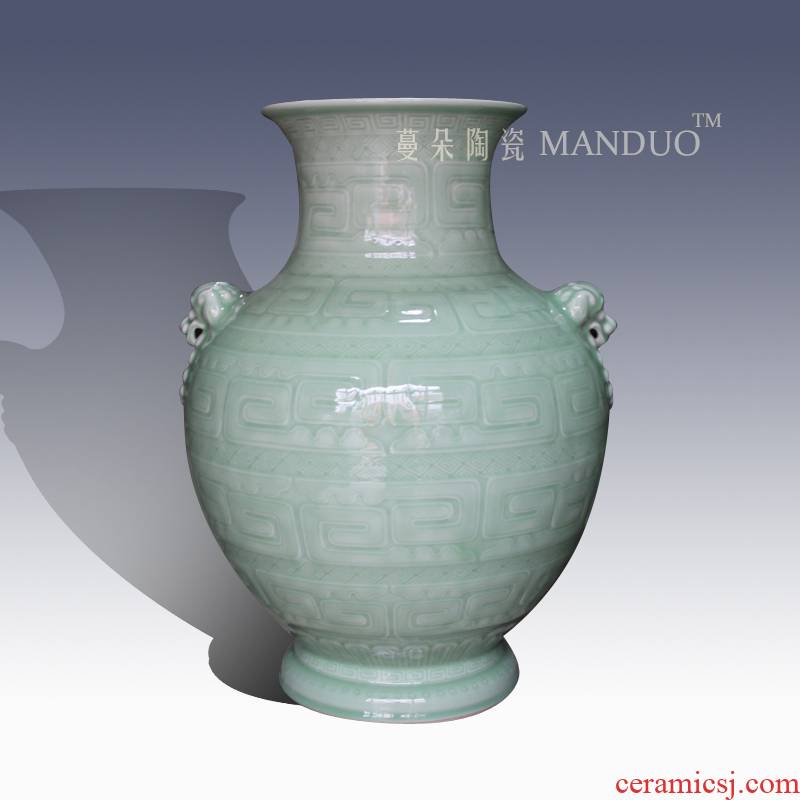 Jingdezhen high - end antique vase double lion handle office high - grade ceramic art display vase