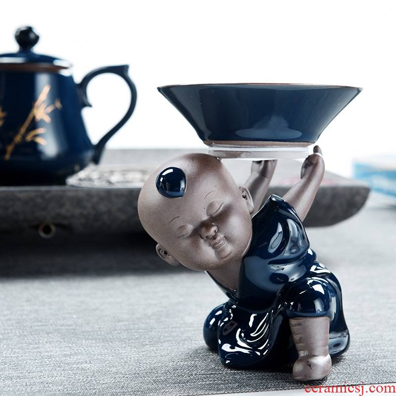 Qiao MuJi blue glaze, the young monk kung fu kid ceramic kung fu tea tea pet furnishing articles manually play with parts