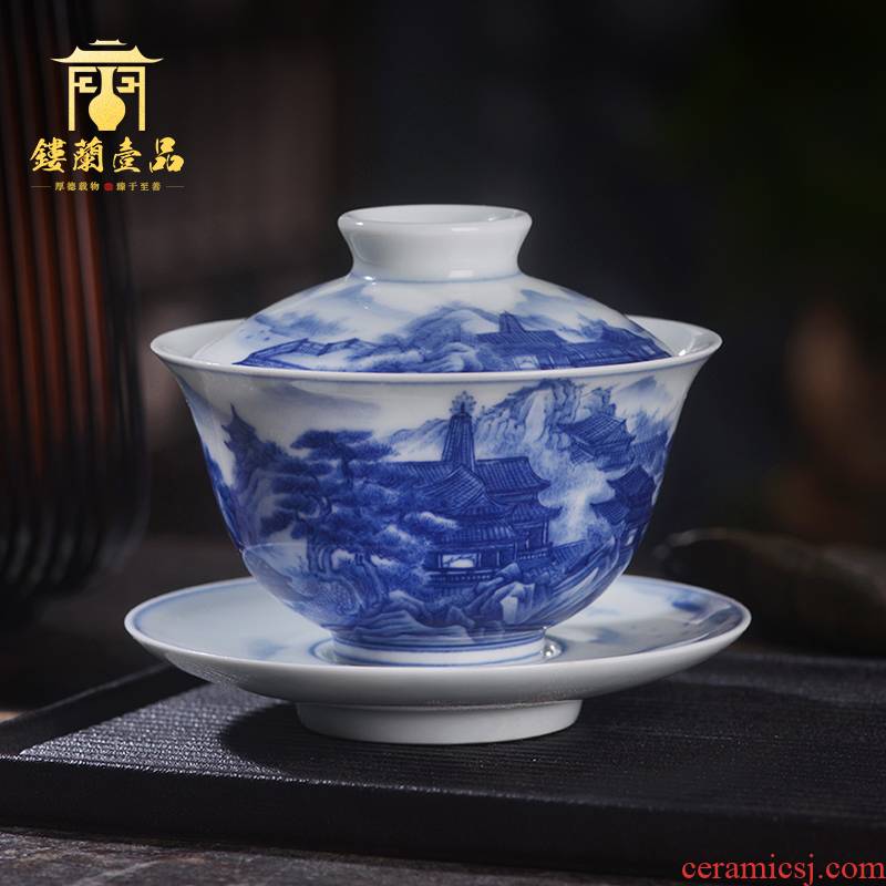 Arborist benevolence blue pavilions three only tureen jingdezhen ceramic hand - made kung fu tea bowl with cover a single