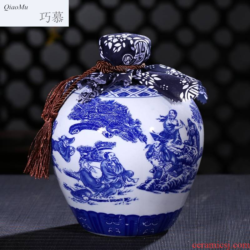 Qiao mu 2 jins of three jin of 5 jins of jingdezhen blue and white porcelain ceramic wine bottle is empty jar hip 10 jins to wine