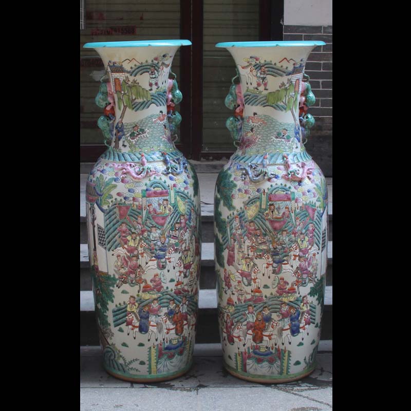 Jingdezhen archaize pastel hand - made character vase in The Three Kingdoms story double lion ear pastel classical decoration furniture furnishing articles