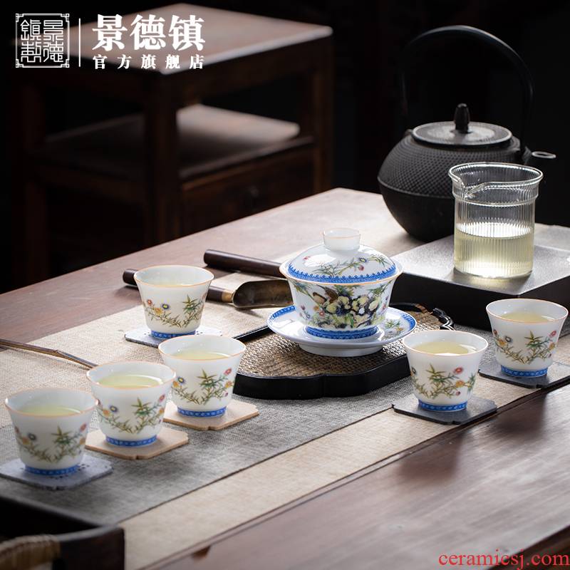 Jingdezhen ceramic kung fu tea set four official flagship store spring tea tea set household tureen JRT