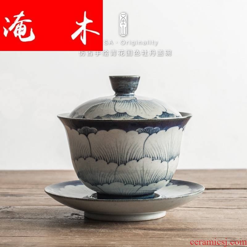 Submerged wood antique blue - and - white hand - made peony Chinese style restoring ancient ways tureen ceramic tea set three cups to tureen tea bowls