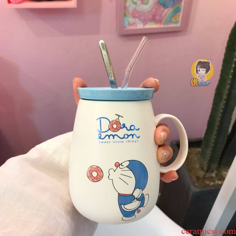 Package mail with cover straw spoon doraemon ceramic cup jingle cats cartoon lovers with large capacity mugs