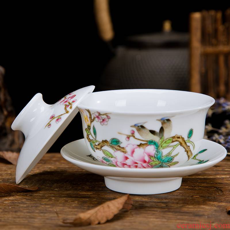 Submerged wood jingdezhen hand - made ceramic tureen tea service manual powder enamel three bowl of kung fu big yards of tea cups
