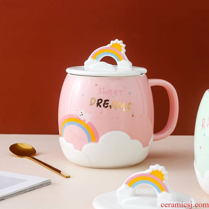 Creative rainbow mark cup cartoon cup mobile scaffold ceramic cup with cover spoon girls cup a cup of milk breakfast
