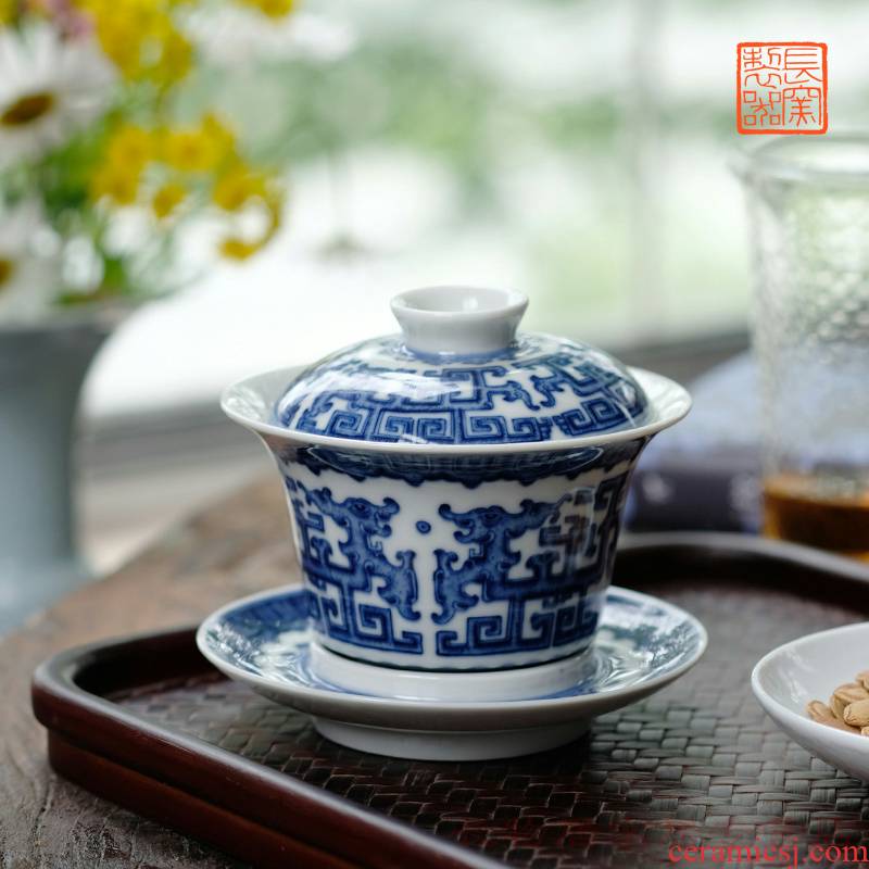 Hand made blue and white dragon grain only three tureen offered home - cooked ju long up system, jingdezhen ceramic retro blue and white porcelain tea set