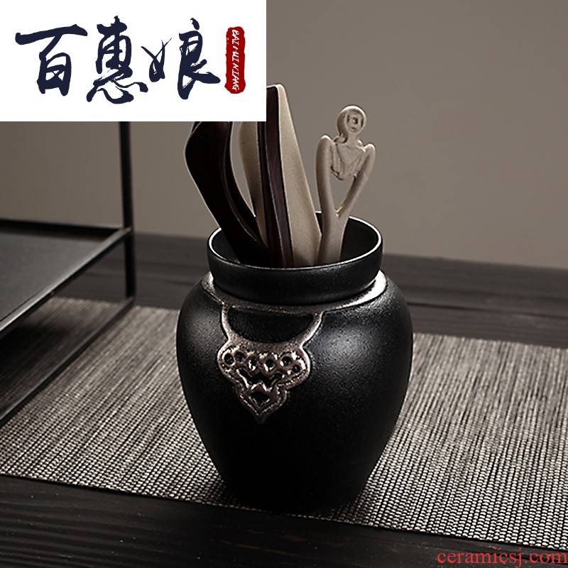 (niang, black pottery tea six gentleman ceramic solid wood ChaZhen kung fu tea tray tool accessories decoration zen tea