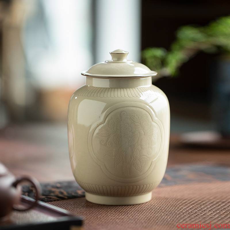 Three Windows caddy fixings jingdezhen ceramic up POTS household storage tanks seal tea urn tea bucket