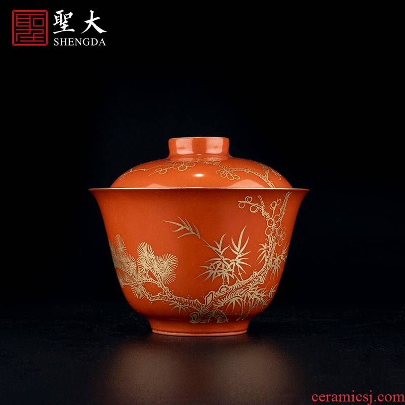 Holy big ceramic coral red paint at the age of poetic tureen kung fu tea cups suit jingdezhen tea bowls