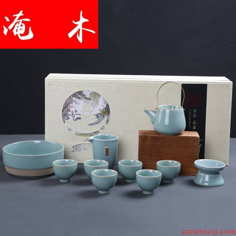Flooded the elder brother of the wood up with ceramic tea set gift box set of 11 head lift the lid bowl of tea logo gifts
