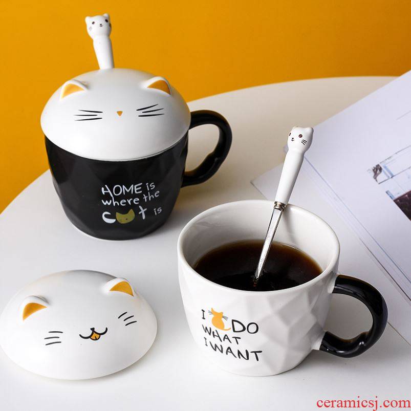 Creative express cat mark cup cartoon ceramic cup with cover spoon keller cup coffee cup couples cup for breakfast