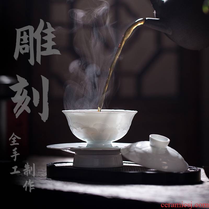 Pure manual its shadow celadon tureen three only a single bowl tea jingdezhen ceramic tea cup kung fu tea