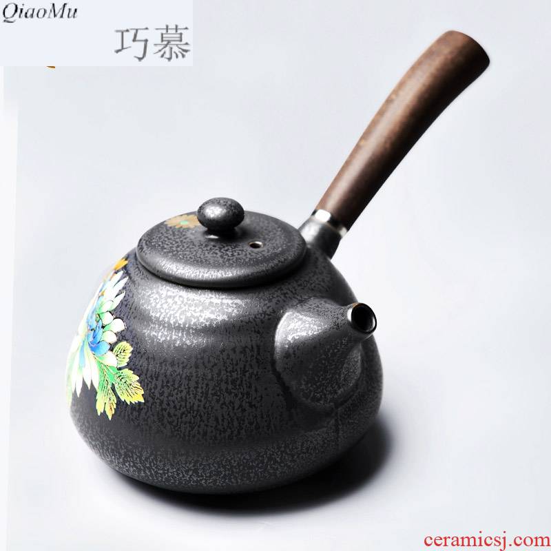 Qiao mu ancient tea exchanger with the ceramics glaze the teapot with wooden handle, side put the pot of kung fu tea set with parts by hand
