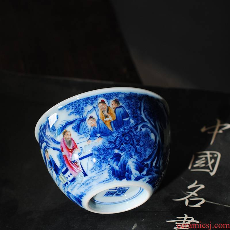 【 5.3 】 jingdezhen pure manual hand - made porcelain dou color chart master cup, wise men