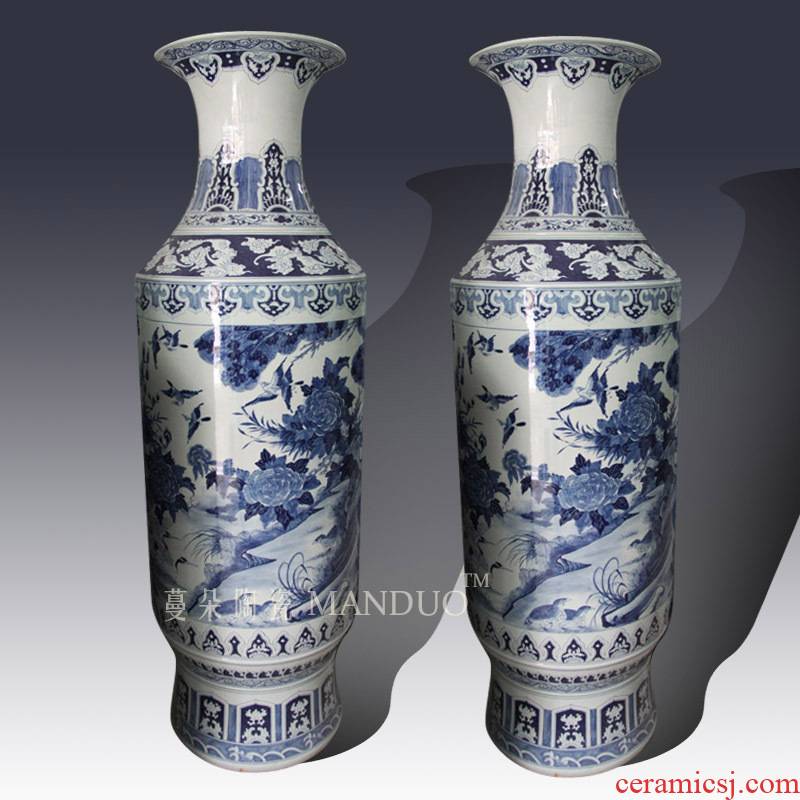Jingdezhen blue and white peony hand - made 1.65 meters high landing big vase villa hall hall display vase
