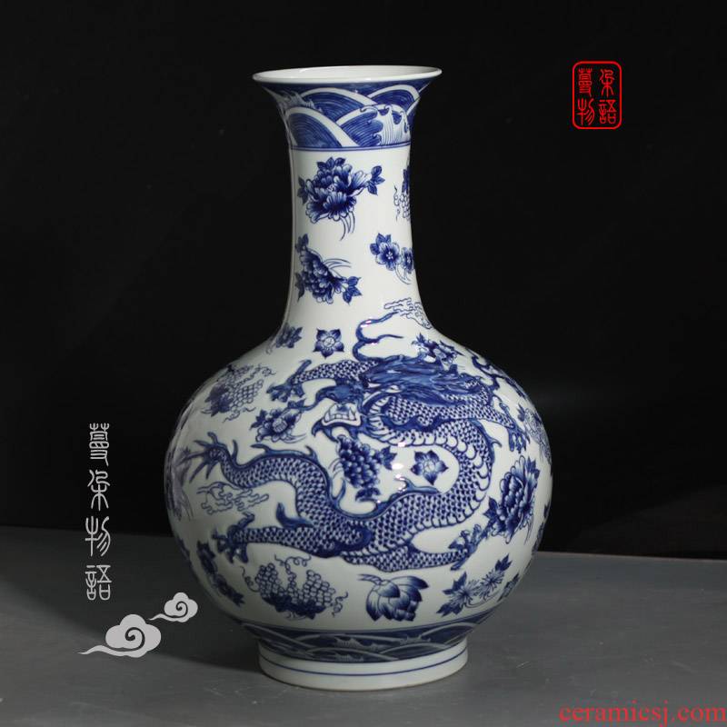 Jingdezhen anaglyph dragon design blue and white porcelain vase 40 cm Gao Qinghua embossed porcelain vase