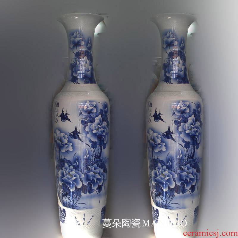 Jingdezhen hand - made all blue and white lotus flower peony double enjoy 1.8 to 2.2 meters tall vase of large companies