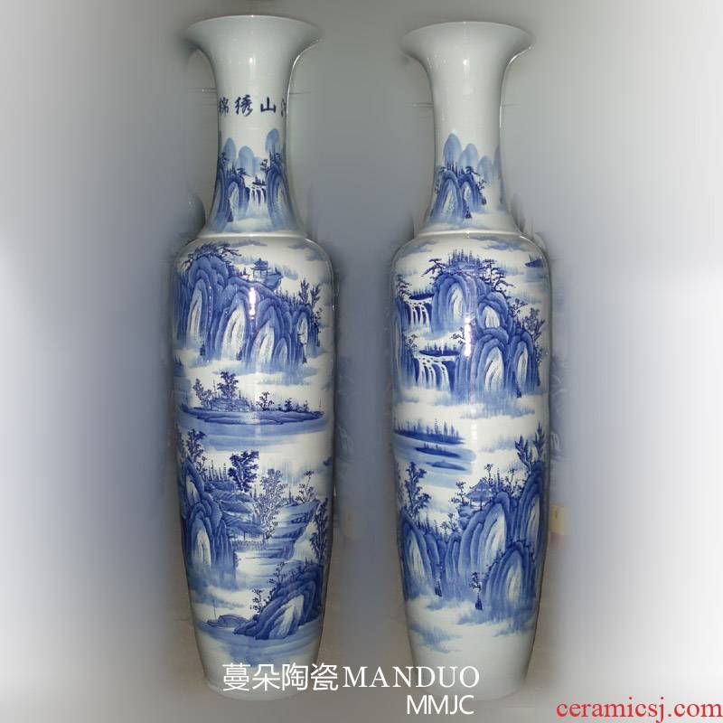 Jingdezhen blue and white landscape hand - made landing big vase elegant open enterprise culture gifts, 1.8 to 2.2 meters high