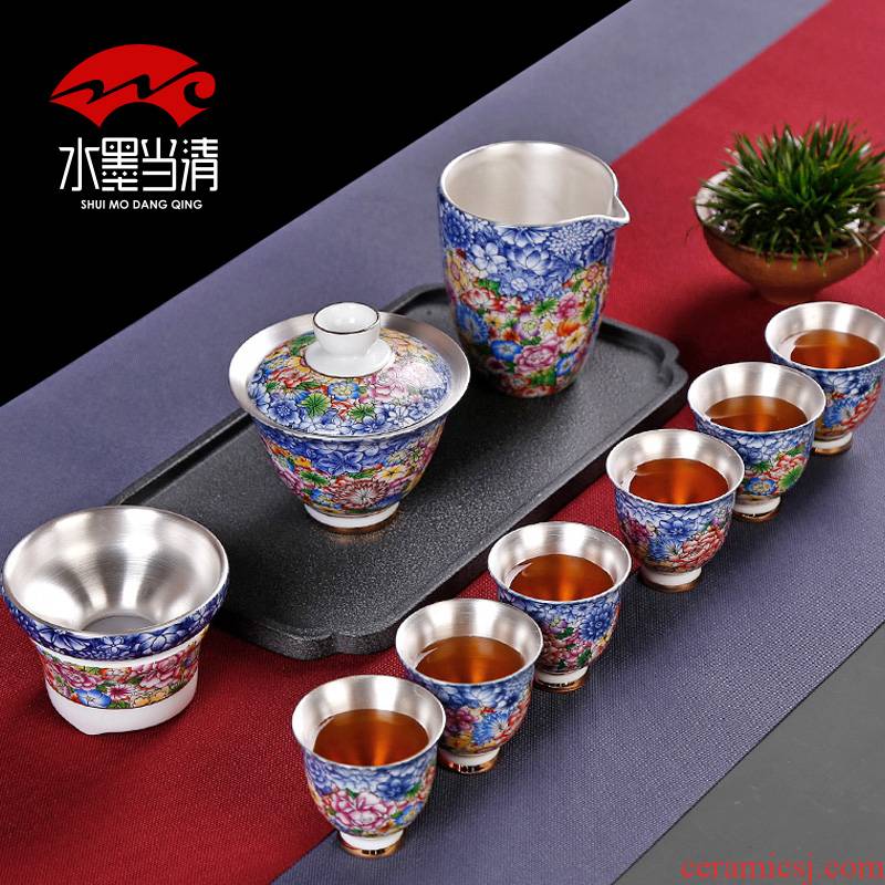 Tasted silver gilding checking ceramic tea set gift box suit to pick flowers tureen visitor office tea cups a complete set of kung fu