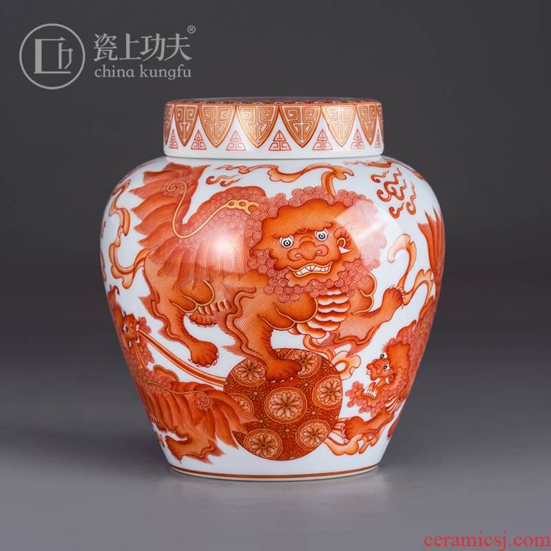 Kung fu alum red see lions on the porcelain ball trumpet tea collection storehouse ceramics handicraft tea caddy fixings orphan works