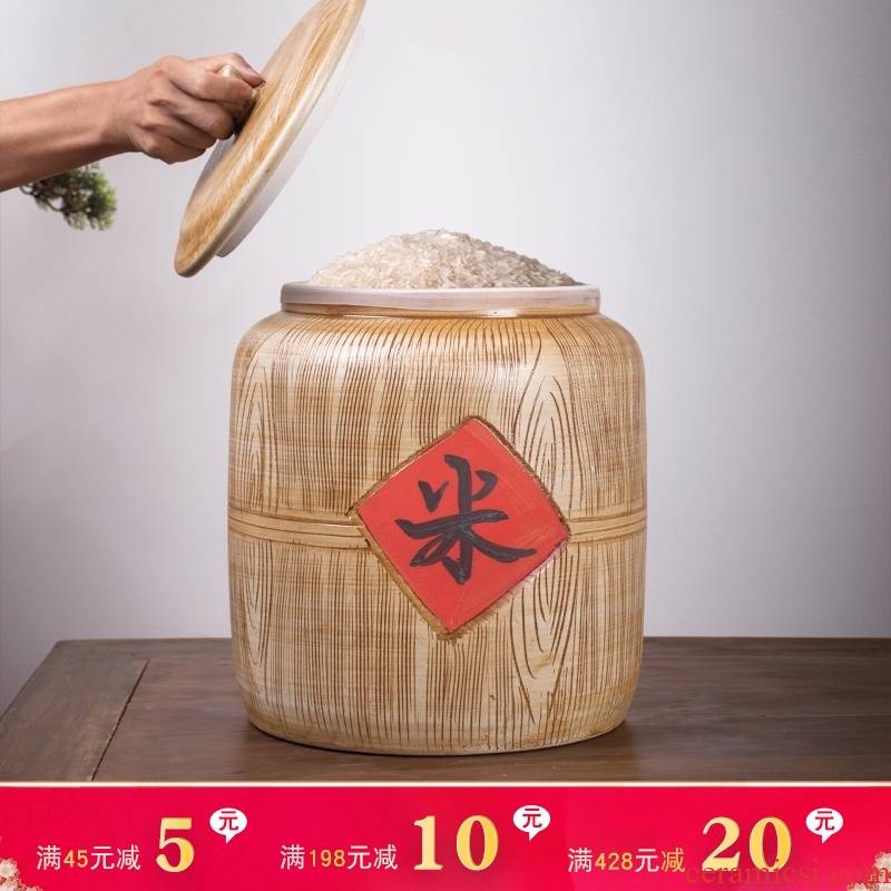 Jingdezhen ceramic barrel imitation solid wood with cover ricer box 10 jins 30 jins of 50 kg of flour barrels household seal storage tank