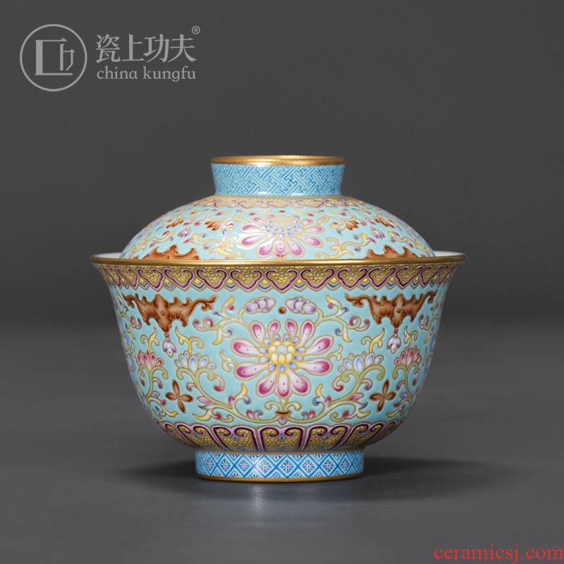 Colored enamel porcelain on kung fu turquoise, only two tureen ceramic design branch lotus large tea bowl tea orphan works