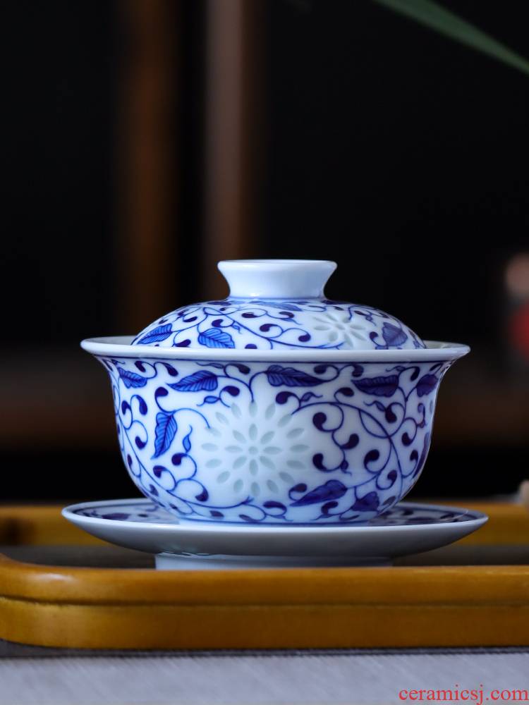 Blue and white and exquisite folk artists all hand wrapped branch three tureen jingdezhen ceramics single bowl is not hot
