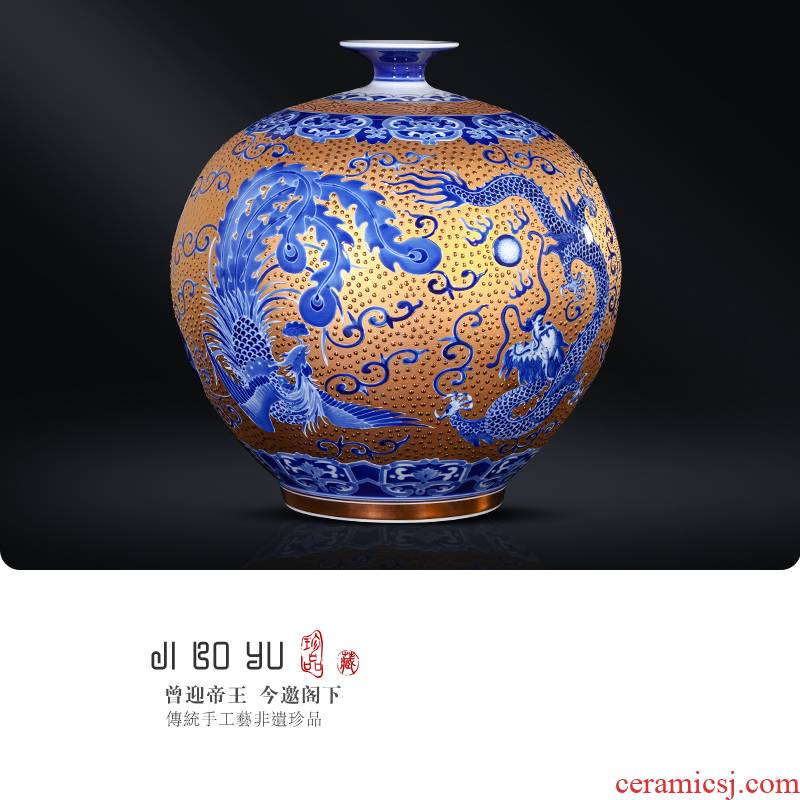 Jingdezhen blue and white in extremely good fortune ceramic hand - made gold pomegranate bottles of Chinese style living room porch antique decorative furnishing articles