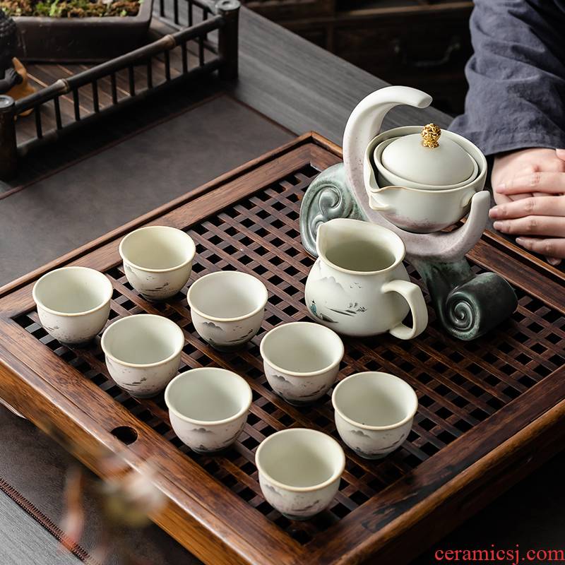 Japanese coarse pottery landscape kung fu tea set fishing well - off household lazy of a complete set of automatic tea tea cups