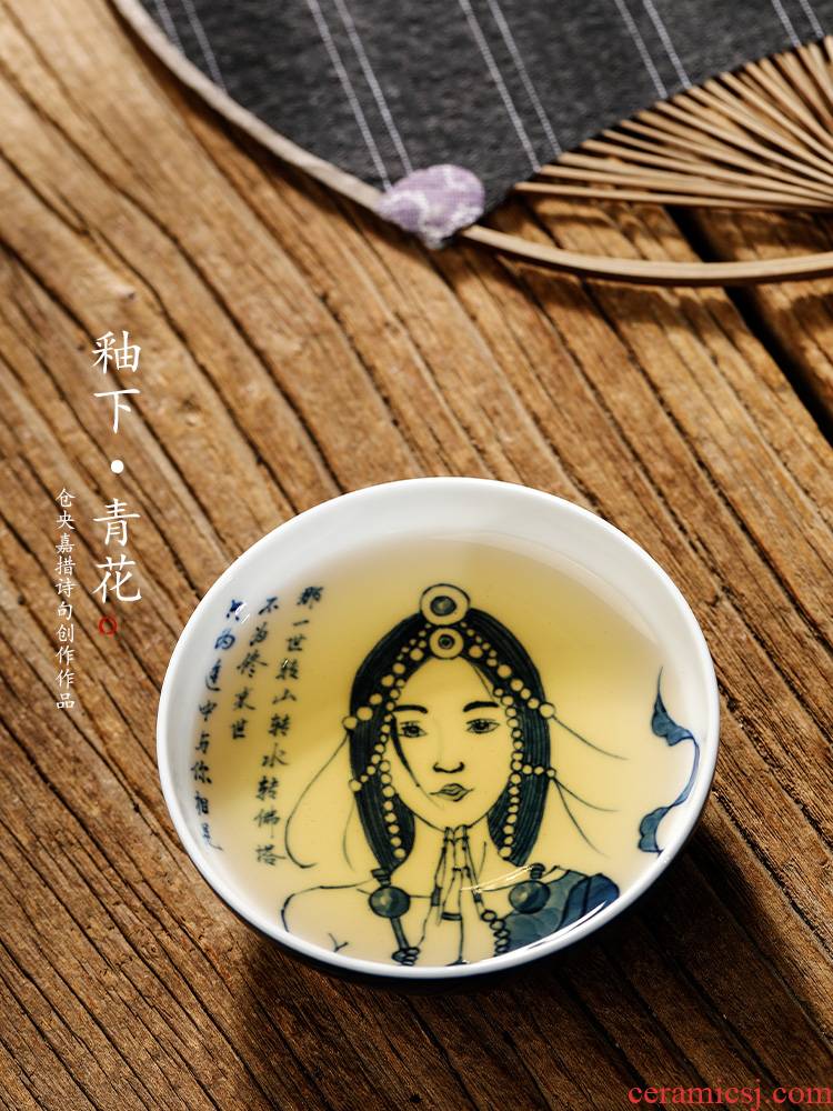 Jingdezhen porcelain masters cup single cup men 's pu' er cup hand - drawn characters color glaze sample tea cup only kung fu tea cups