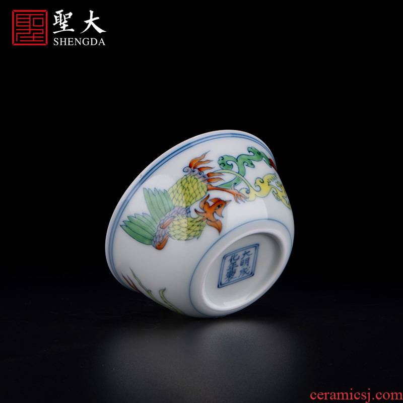 Holy big porcelain doucai bucket color real talent phoenix design cylinder cup jingdezhen high - grade pure manual hand - made kung fu tea cups