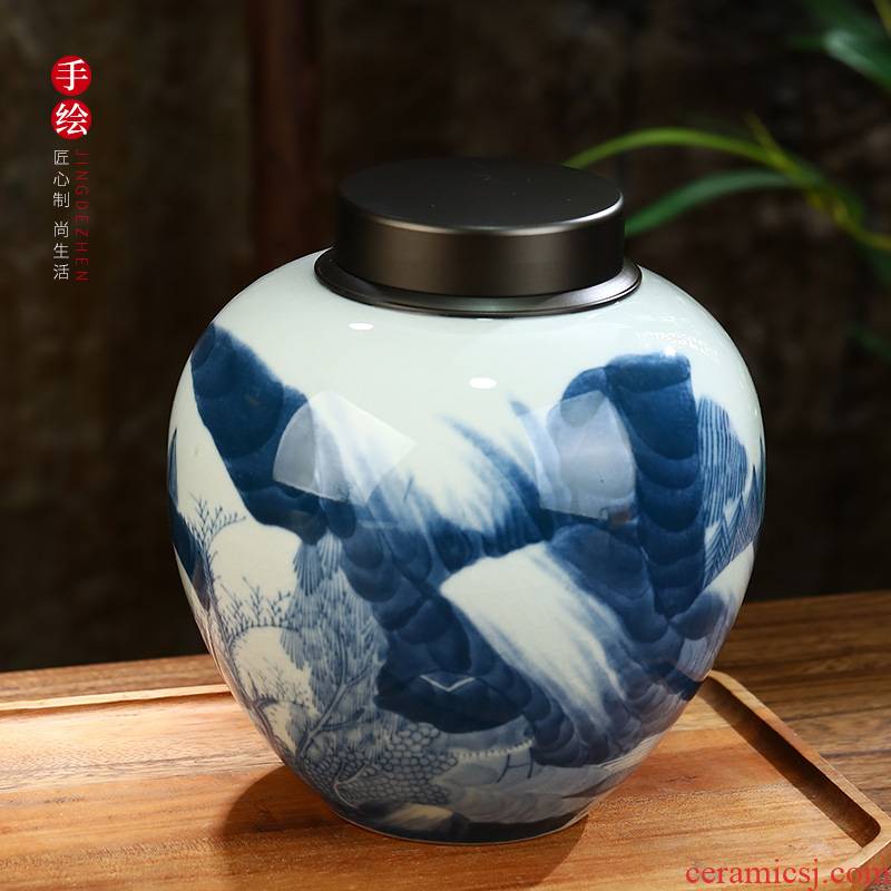 Light tea in ancient celadon hand - made of blue and white porcelain tea pot large pure aluminum cover sealing ceramic tea box of puer tea pot