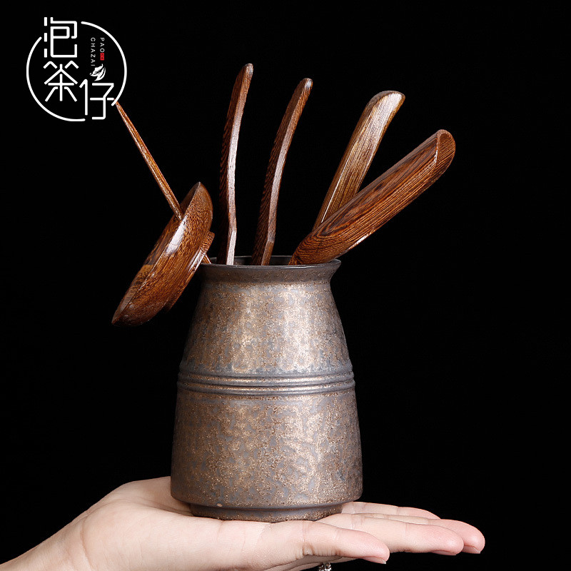 Kung fu tea accessories coarse pottery six gentleman ChaZhen solid wood ChaGa receive tube teaspoons brush pot of tea set