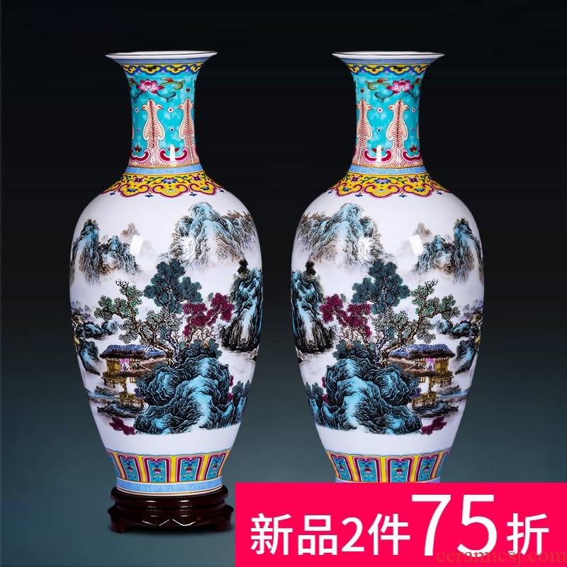 Jingdezhen ceramics pastel landscape colored enamel porcelain vase sitting room lucky bamboo flower arrangement of Chinese style household furnishing articles