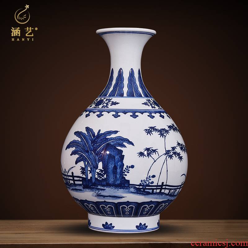 Jingdezhen blue and white porcelain antique hand - made vases, flower furnishing articles study the sitting room porch desk of Chinese style household decorations