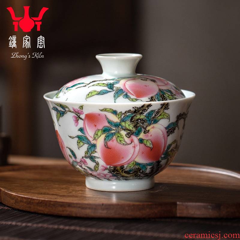 Clock home high - end colored enamel porcelain up tureen jingdezhen peach three tureen tea bowl with single cups