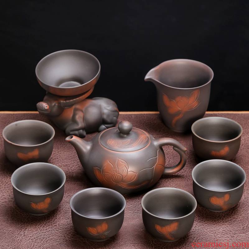 Build water purple pottery high - end kung fu tea set household ceramic teapot big tureen restoring ancient ways is a complete set of purple sand cup