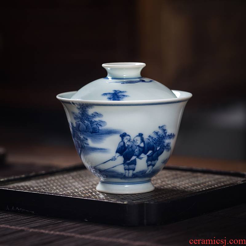 The Owl only tureen teacups hand - made up with jingdezhen blue and white two high - end antique checking ceramic tea bowl