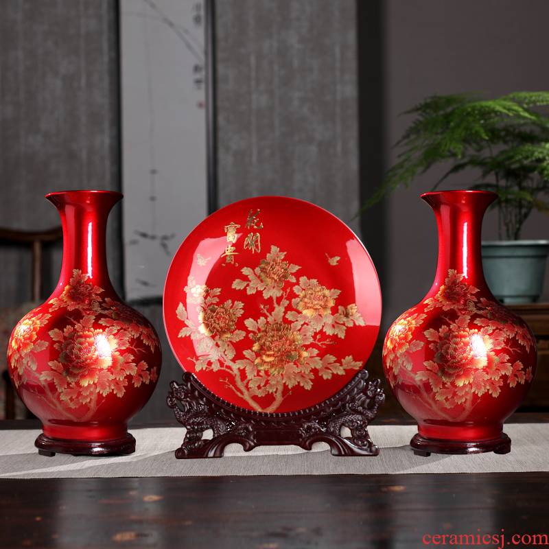 Crystal glaze Chinese red red gold sand vase furnishing articles three - piece jingdezhen large decorative arts and crafts
