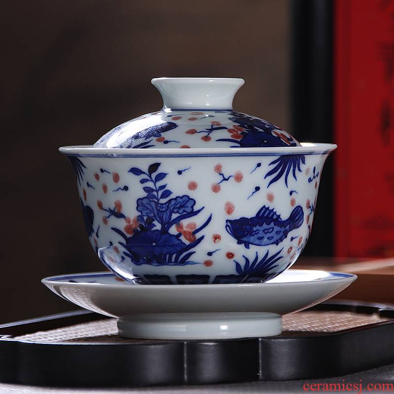 Youligong blue algal tureen fish grain jingdezhen blue and white kunfu tea tureen checking large tea tea bowl