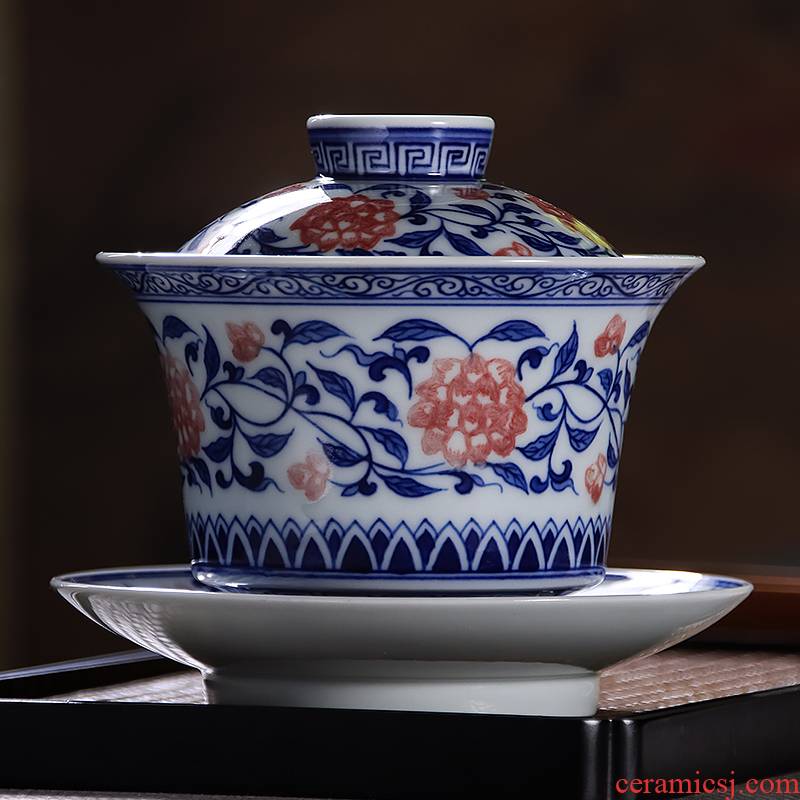 Put the lotus flower blue youligong wsop large tureen household ceramics worship bowl tea, hand - made kung fu tea set