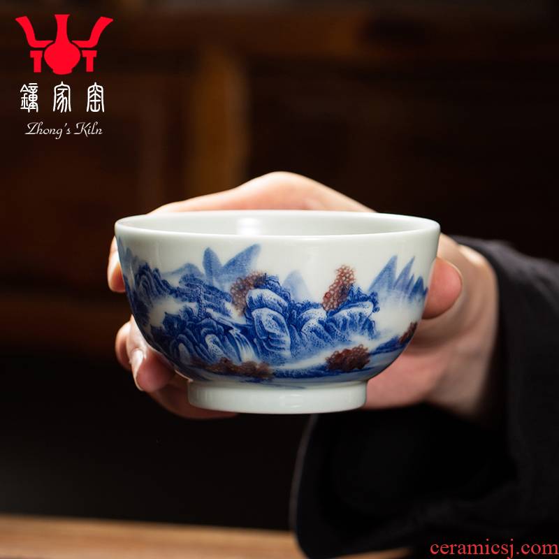 Clock home up ceramic cups jingdezhen blue and white maintain full manual youligong landscape kongfu master cup single CPU