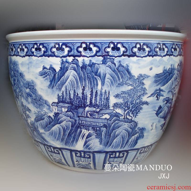 Jingdezhen manual 80-120 China VAT hand - made scenery China large diameter cylinder courtyard blue VAT