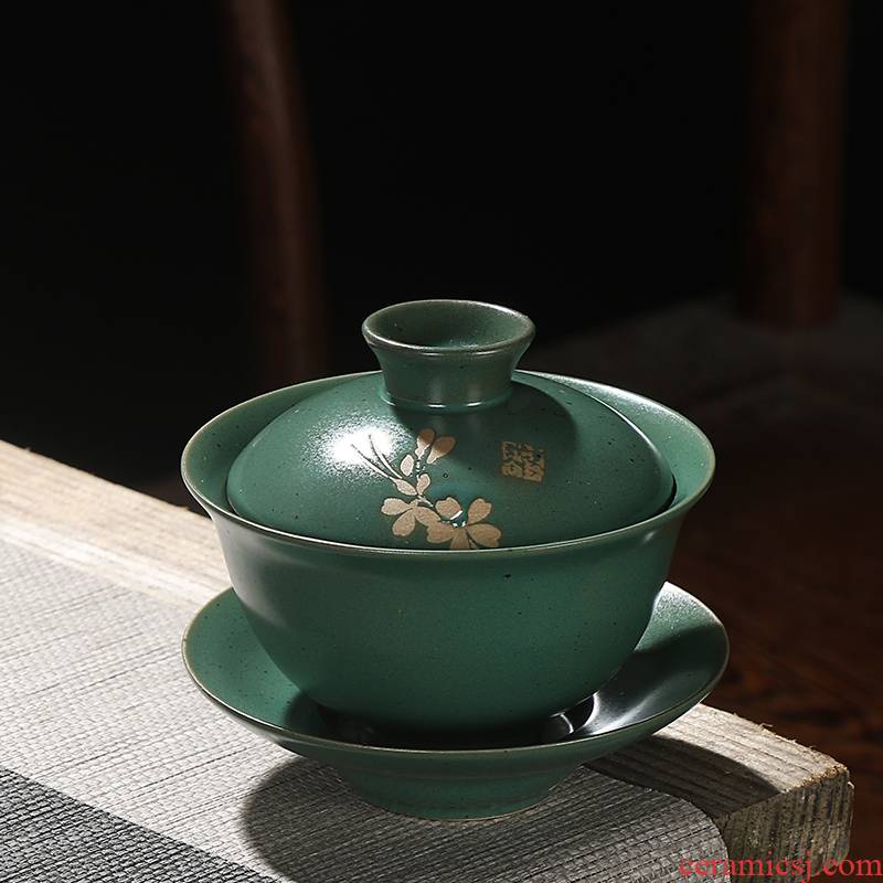 Qiao mu ceramic tureen Japanese coarse pottery of black and white and green relief only three bowl of kung fu tea set hand grasp pot bowl is large