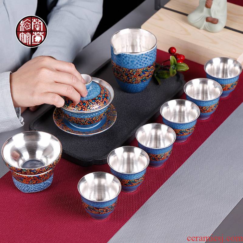 Kung fu tea set suit pure manual coppering. As silver tureen cups antique imitation Chinese lacquer porcelain gifts gift box of a complete set of restoring ancient ways
